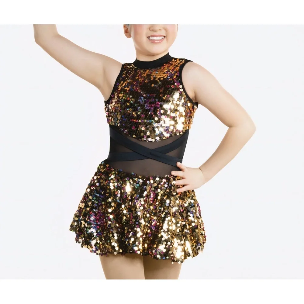 Gold Sequin Black Mesh DRESS Flare Skirt DANCE JAZZ Costume RC24605 XLC 26-30